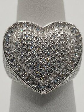 Heavyweight 8.5g Pavé Heart Statement Ring .925 Silver Sz 6